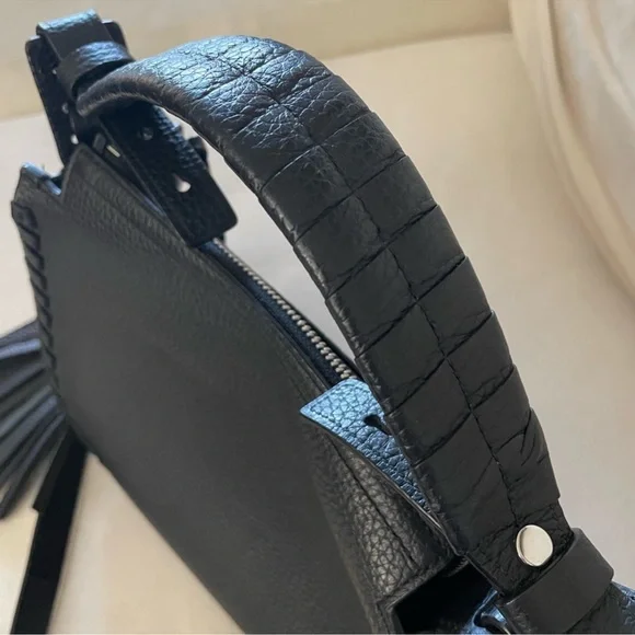 AllSaints Black Pebbled Leather Crossbody Bag with Tassel & Top Handle - Picture 9 of 9